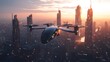 © kabirhossain - Skyward Mobility: An advanced urban air mobility vehicle gracefully soars above a sprawling cityscape at sunset.