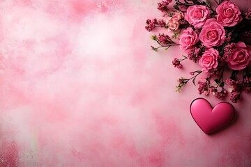 Poster - Charming heart shaped box surrounded by pink roses on a textured soft background for love decoration : Generative AI