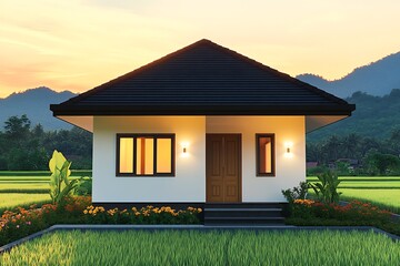 Poster - Charming modern house in serene landscape with sunset view and lush greenery for a peaceful living atmosphere : Generative AI