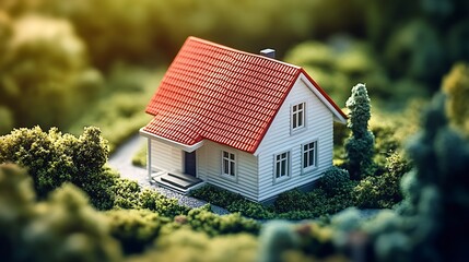 Poster - Charming miniature house surrounded by vibrant greenery in a serene natural setting : Generative AI