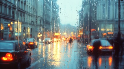 Poster - Urban scene on a rainy day with street reflections and colorful car lights in motion : Generative AI