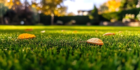 Aufkleber - Golden Autumn Leaves on Fresh Green Grass Showing the Beauty of Nature : Generative AI