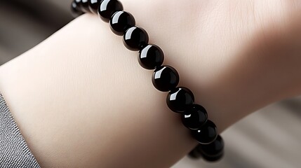 Poster - Chic black bead bracelet presented on a soft hand emphasizing elegance and refinement in modern jewelry design : Generative AI