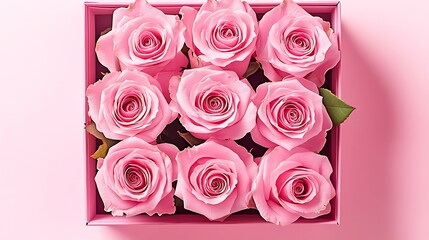 Poster - Enchanting array of nine pink roses arranged beautifully in a vibrant pink box showcasing nature's elegance : Generative AI