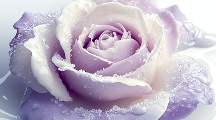 Poster - Intricate lavender rose covered in dew droplets exudes beauty and elegance on a reflective surface : Generative AI