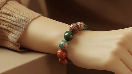 Poster - Stylish close-up view of a hand with a unique beaded bracelet displaying intricate beadwork and colors : Generative AI