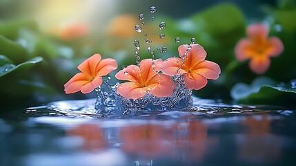 Poster - Elegant scene of pink flowers splashing in clear water creating beautiful droplets surrounded by greenery : Generative AI