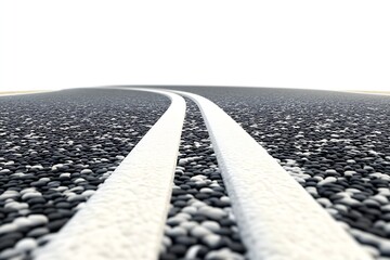 Poster - Winding Road with Dual White Lane Markings Captured from a Low Angle Against a Bright Sky : Generative AI
