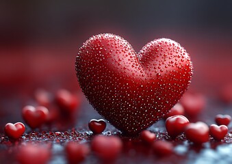 Aufkleber - Beautiful close up of a red heart with dew drops on a blurred romantic background : Generative AI