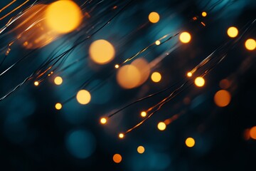 Poster - Vibrant close up of fiber optic cables with light beams against abstract blue bokeh background