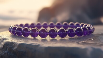 Poster - Beautiful amethyst bracelet showcasing vibrant purple hues set on rugged stone background in soft light : Generative AI