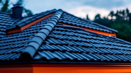 Poster - Clear view of an intricate roof design showcasing detailed tiles and warm glow as night descends upon the landscape : Generative AI