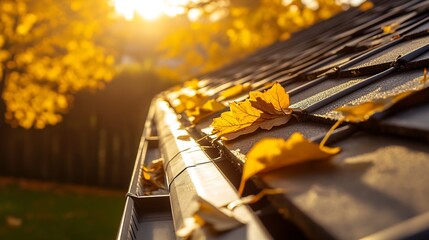 Aufkleber - A beautiful close-up of colorful autumn leaves on a rooftop basking in the warm sunlight at sunset : Generative AI