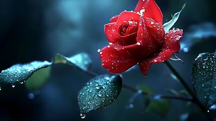 Poster - Stunning red rose captured in detail with sparkling dew drops highlighting its vibrant beauty in a serene setting : Generative AI