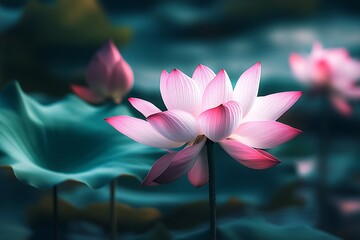 Poster - Charming Pink Lotus Flower Emerging Gracefully From Lush Leaves : Generative AI
