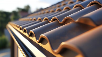 Poster - Artistic capture of brown wave-shaped roof tiles illuminated by soft light enhancing architectural appeal : Generative AI