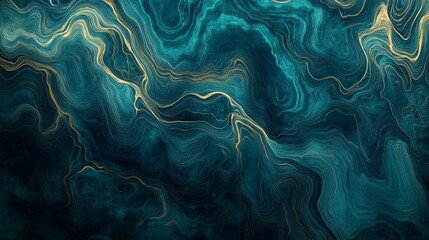 Poster - Abstract topographic line map pattern with golden lines on dark green and navy blue background
