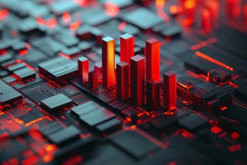 Poster - 3d render of a red bar graph on a business chart with data in a flat lay photography style