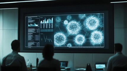 Poster - A futuristic business meeting room featuring professionals engaged in data analysis, illuminated by a large screen displaying abstract data visualizations amid a high-tech ambiance