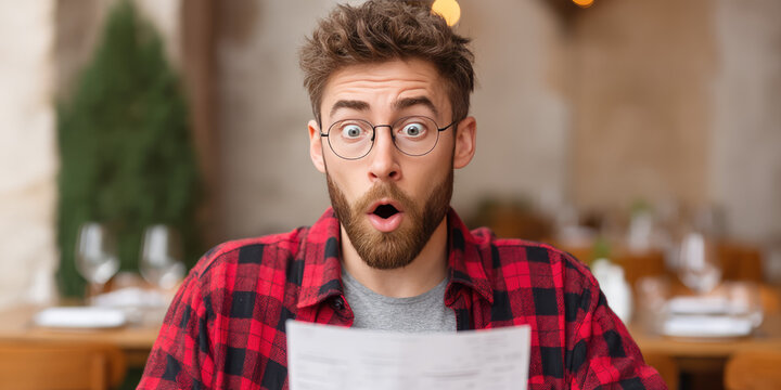 A shocked man in a restaurant sits at a table and stares at the bill to pay. Trouble on a date. High prices