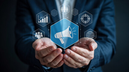 Poster - Hands presenting a megaphone icon surrounded by business related symbols in a digital interface
