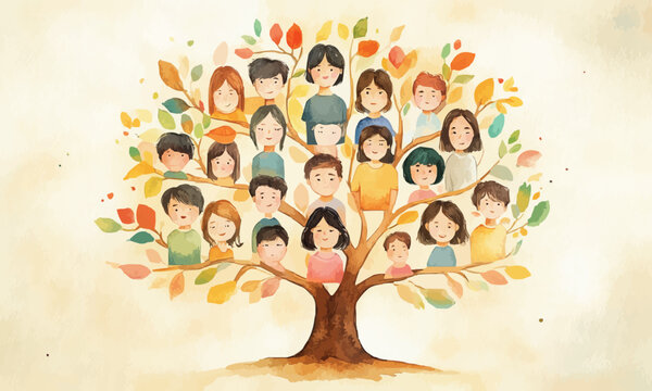 A watercolor illustration of a family tree.