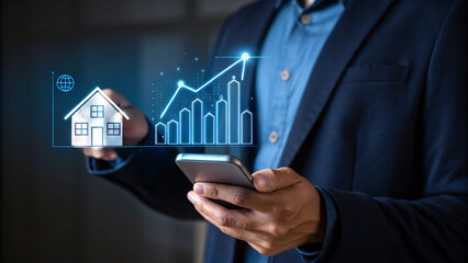 Aufkleber - Man holding phone with house icon and rising graph overlay representing real estate market growth