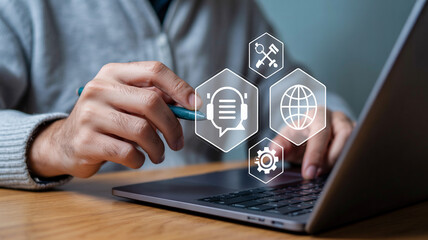Poster - Person using laptop with floating icons representing global communication and technology tools