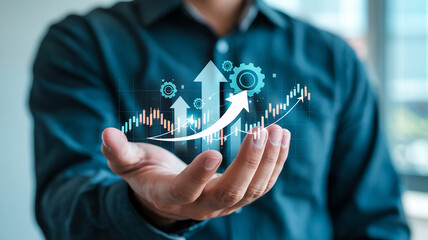 Aufkleber - A hand holding arrows and a stock chart indicating growth and progress in a business setting view