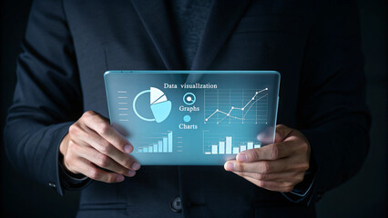 Poster - A person in a suit holding a digital tablet displaying data visualization graphs and charts analysis