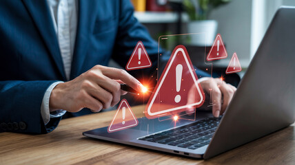 Poster - Man in suit interacting with laptop displaying multiple warning signs on a wooden surface area desk