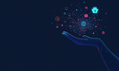 Poster - AI concept with icons and circuitry above a hand, representing artificial intelligence in business, on a dark blue background.