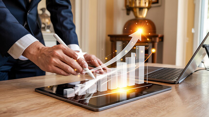 Poster - Business person analyzing financial data on a tablet with an upward trending graph overlayed