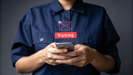 Poster - Person holding phone with warning notification of email message in front of a dark background