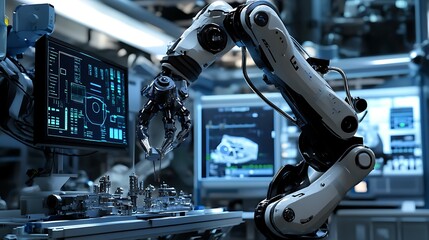 Poster - Advanced robotic arm actively manipulating components beside screens displaying technical data in a modern laboratory or manufacturing environment