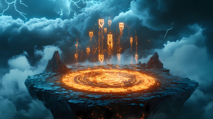 Wall Mural - A lone tower on a cursed floating island, glowing runes pulsating with forbidden energy, storm clouds swirling above. storm-kissed runes. illustration. Forbidden Runes. Illustration