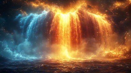Wall Mural - a mesmerizing waterfall of liquid light, cascading in slow motion, shifting between fiery gold, cool