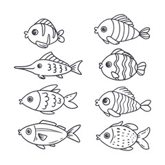 Wall Mural - set of fish icon. underwater fishes for coloring. fish sketch collection. doodle. hand drawn vector 