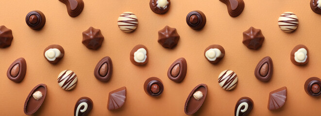 Wall Mural - Tasty chocolate candies on color background