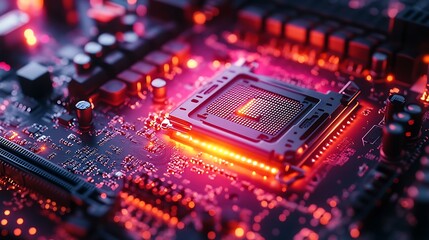 Poster - Close-up of a vibrant semiconductor chip on a circuit board illuminated with red and orange lights, showcasing intricate details and textures