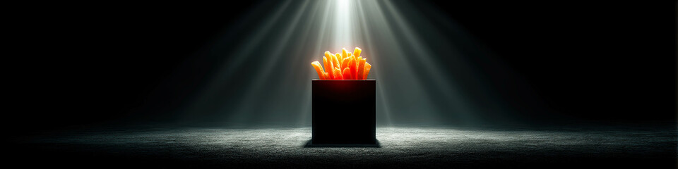 Poster - French fry emerges from black cube in surreal spotlight against a minimalistic background