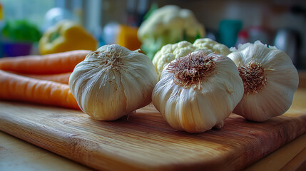 Poster - Freshly squeezed garlic prepared with fresh vegetables in a bright kitchen gathering