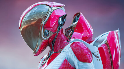 Poster - Captivating portrait of a futuristic woman robot with glass eyes in vibrant white and red colors