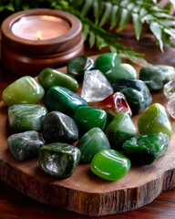 Poster - Natural jade gemstones beautifully arranged on a wooden platter near a flickering candle
