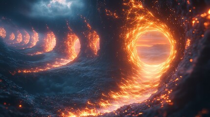 Wall Mural - a neon-lit abyss of interconnected, glowing fractals, spiraling into an endless horizon, forming a b