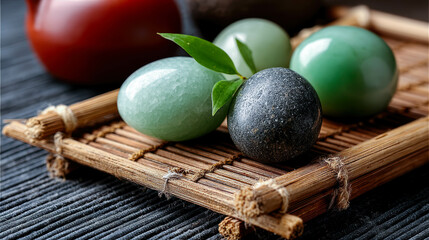 Poster - Vibrant jade stones resting on a natural bamboo tray amidst a serene apartment setting