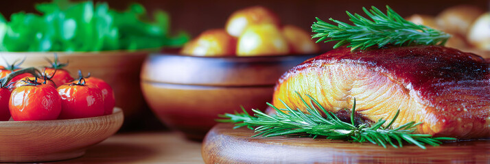 Poster - Flavorful grilled salmon with fresh vegetables and herbs on a rustic wooden table