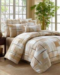 Poster - Mid century modern bedding design showcasing tranquility in natural light