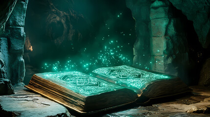 Wall Mural - enchanted book unleashing mystical symbols in a dark stone chamber lit with emerald light. illuminat