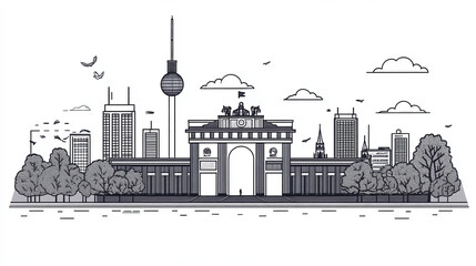 Poster - Berlin skyline vector illustration brandenburg gate and tv tower travel landmark germany cityscape design